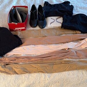 Capezio Black Dance Shoes with Tan and Cream Tights and Leotards